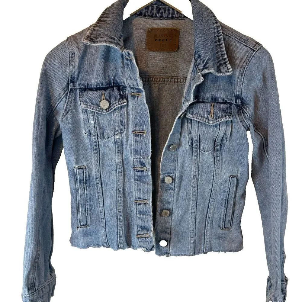 Blank NYC Distressed Cropped Raw Hem Light Denim Jacket Size Small